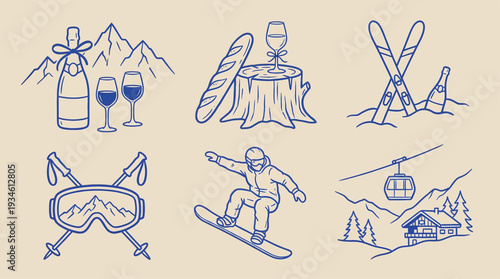 Alpine winter vacation icons, line style collection, champagne, skiing, snowboarding, apres ski, and chalet