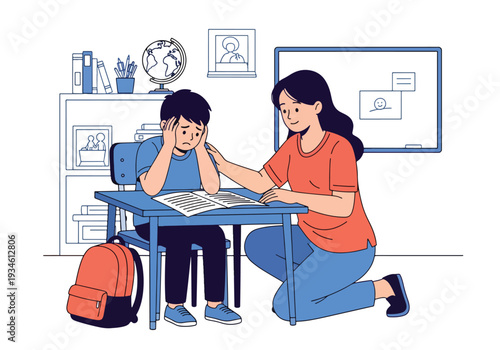 Modern vector illustration of anxious student before exam while teacher reassures calmly. Test anxiety awareness and emotional support concept in healthy school learning environment