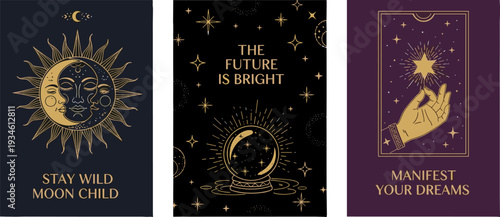 Mystical Celestial Posters Set with Sun Moon Faces Crystal Ball and Hand Holding Star Illustration