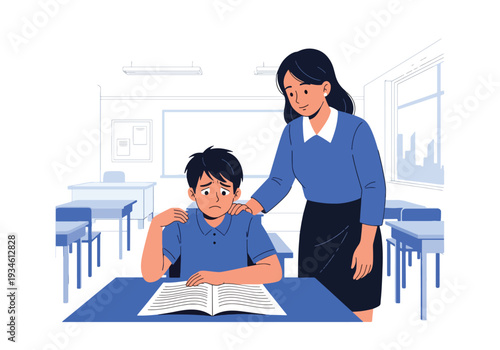 Modern vector illustration of anxious student before exam while teacher reassures calmly. Test anxiety awareness and emotional support concept in healthy school learning environment