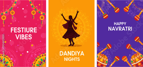 Navratri Festival Banner Set with Dandiya Night Silhouette and Garba Sticks in Flat Design