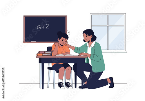 Modern vector illustration of anxious student before exam while teacher reassures calmly. Test anxiety awareness and emotional support concept in healthy school learning environment