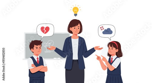 Modern vector illustration of teacher mediating conflict between students in classroom. Emotional intelligence and communication skills education concept