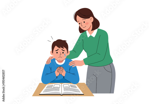 Modern vector illustration of anxious student before exam while teacher reassures calmly. Test anxiety awareness and emotional support concept in healthy school learning environment