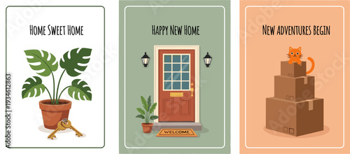 New Home Greeting Card Set with Houseplant, Front Door, and Moving Boxes in Flat Design Style