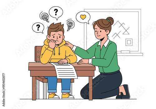 Modern vector illustration of anxious student before exam while teacher reassures calmly. Test anxiety awareness and emotional support concept in healthy school learning environment