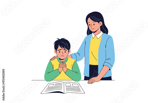 Modern vector illustration of anxious student before exam while teacher reassures calmly. Test anxiety awareness and emotional support concept in healthy school learning environment