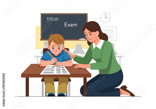 Modern vector illustration of anxious student before exam while teacher reassures calmly. Test anxiety awareness and emotional support concept in healthy school learning environment