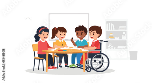 Modern vector illustration of inclusive classroom with student using wheelchair participating happily. Diversity, equal education and positive learning environment concept