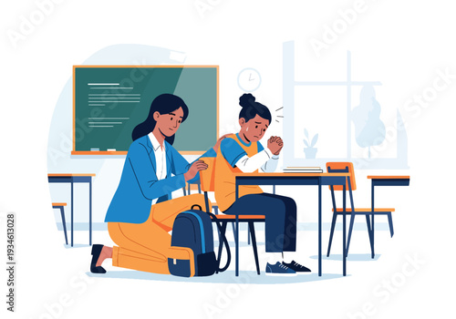 Modern vector illustration of anxious student before exam while teacher reassures calmly. Test anxiety awareness and emotional support concept in healthy school learning environment