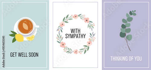 Sympathy and Get Well Soon Greeting Card Set with Floral Wreath and Tea, Flat Illustration