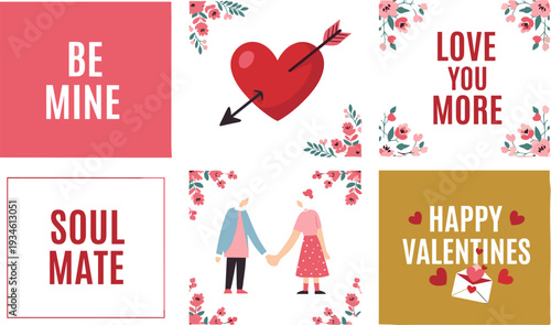 Valentine Day Social Media Post Templates with Romantic Quotes and Hearts in Flat Illustration Style