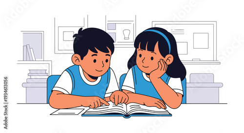 Modern vector illustration of student helping classmate understand lesson. Peer support, empathy and collaborative learning concept in positive classroom environment