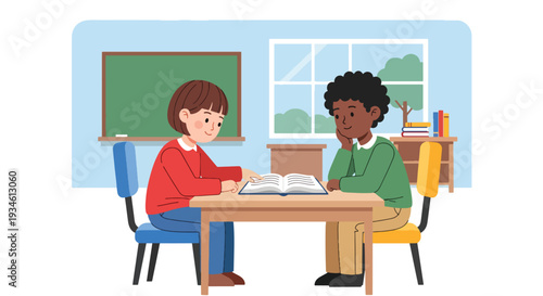 Modern vector illustration of student helping classmate understand lesson. Peer support, empathy and collaborative learning concept in positive classroom environment