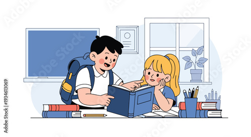 Modern vector illustration of student helping classmate understand lesson. Peer support, empathy and collaborative learning concept in positive classroom environment