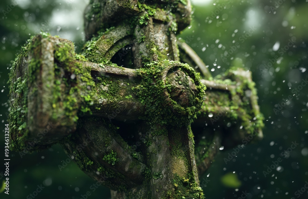 Fototapeta premium Celtic Stone Cross With Moss and Rain Drops Close Up
