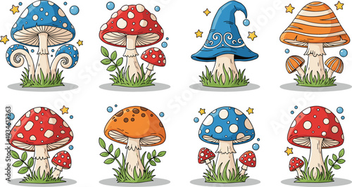 Fantasy Mushroom Collection Vector Illustration Set with Magical Toadstools and Cute Woodland Forest Elements