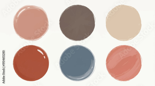 Colorful watercolor circle, vibrant brush stroke collection, glossy organic shapes in pink, red, navy, brown, beige, and coral.
