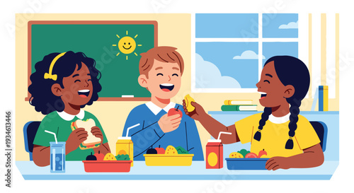 Modern vector illustration of diverse students laughing and sharing lunch together. Friendship, inclusion and positive school environment concept in classroom setting
