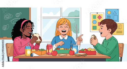 Modern vector illustration of diverse students laughing and sharing lunch together. Friendship, inclusion and positive school environment concept in classroom setting