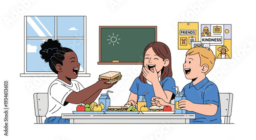 Modern vector illustration of diverse students laughing and sharing lunch together. Friendship, inclusion and positive school environment concept in classroom setting
