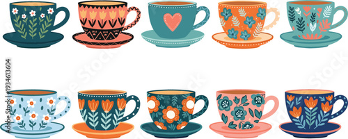 Decorative Floral Teacup Collection Vector Illustration Set with Vintage Coffee Cups and Patterned Ceramic Saucer Designs