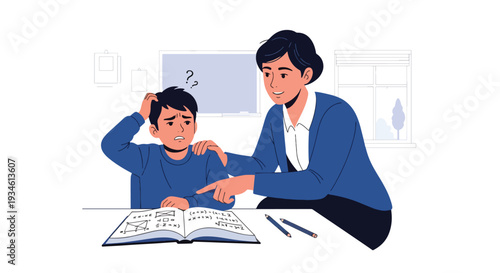 Modern vector illustration of student frustrated with math problem while teacher assists patiently. Academic challenge and emotional support concept in classroom