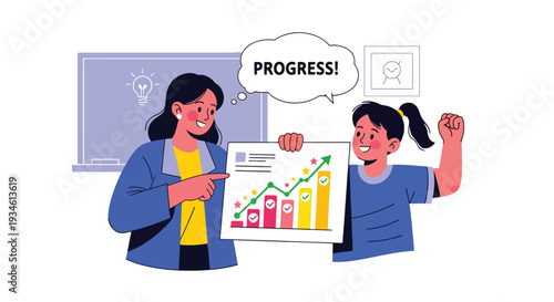 Modern vector illustration of teacher celebrating small improvement on student progress chart. Motivation, growth mindset and positive reinforcement education concept