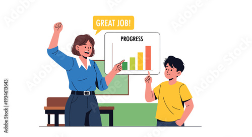 Modern vector illustration of teacher celebrating small improvement on student progress chart. Motivation, growth mindset and positive reinforcement education concept