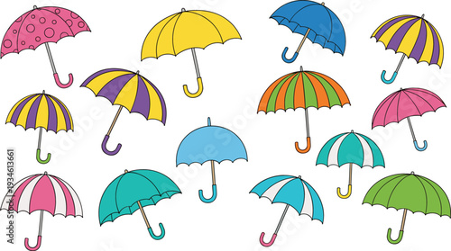 Colorful Umbrella Collection Vector Illustration Set with Rainy Weather Accessories and Decorative Cartoon Parasol Designs
