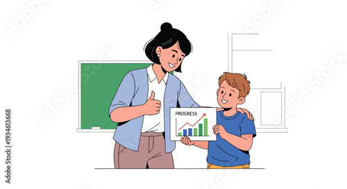 Modern vector illustration of teacher celebrating small improvement on student progress chart. Motivation, growth mindset and positive reinforcement education concept