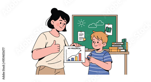 Modern vector illustration of teacher celebrating small improvement on student progress chart. Motivation, growth mindset and positive reinforcement education concept