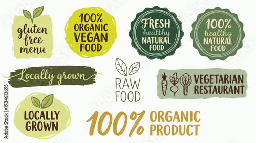 Organic food badges and labels collection in handdrawn style, gluten-free menu, vegan food, locally grown, raw food, and vegetarian restaurant