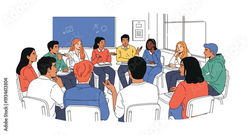 Modern vector illustration of students participating in discussion circle. Emotional communication and collaborative learning concept in supportive classroom environment