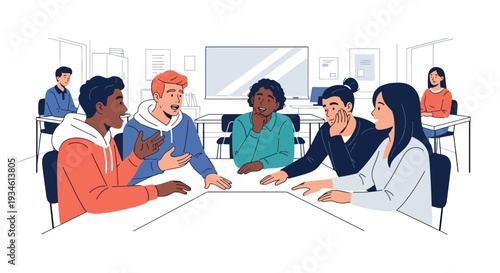 Modern vector illustration of students participating in discussion circle. Emotional communication and collaborative learning concept in supportive classroom environment