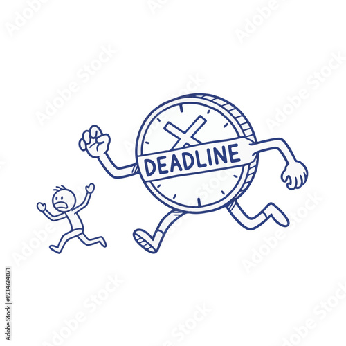 Hand-drawn sketch deadline chasing tiny human character urgency stress management project deadline completion time pressure concept