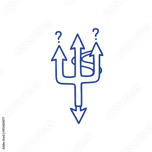 Minimalist hand-drawn three-way decision fork arrows choice uncertainty strategy business path direction concept