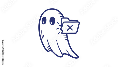 Simple hand-drawn floating ghost with deleted file symbol data removal privacy protection digital cleanup concept