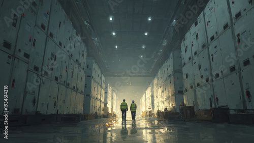 Workers in a battery storage facility manage large energy systems in daylight