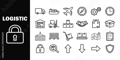 Logistic including truck ship airplane clock compass gear lock padlock warehouse forklift des