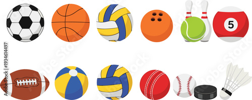 Sports Balls and Equipment Vector Illustration Set with Soccer Basketball Volleyball Tennis Bowling Baseball Football and More