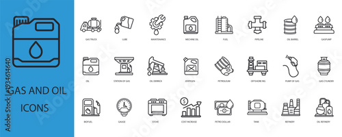 gas and oil icons set outline and Flat Style,transparent background