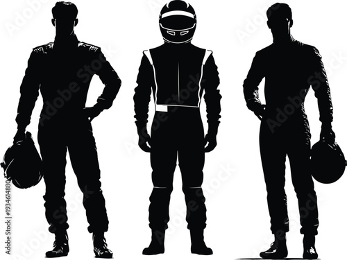 Three racing driver silhouettes helmet poses jumpsuit black vector motorsport illustration set