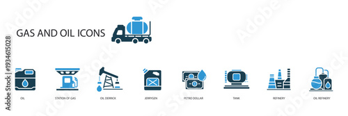 gas and oil icons set outline and Flat Style,transparent background