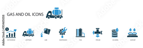gas and oil icons set outline and Flat Style,transparent background