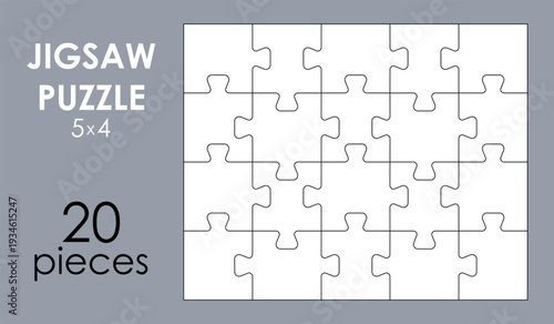 Puzzle template with jigsaw piece outlines with 20 details. Separate matching irregularly puzzle elements. Vector outlines 5x4 shapes for custom puzzles, game design, interactive learning materials