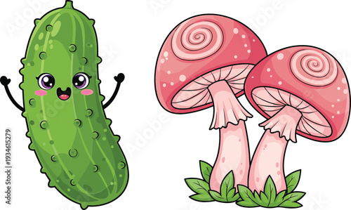 Cute Cartoon Pickle Character and Pink Fantasy Mushrooms Vector Illustration Set with Kawaii Style Food and Nature Elements