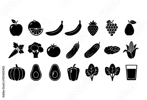 Bold Black Fruit Vegetable and Juice Silhouette Set in Flat Icon Style