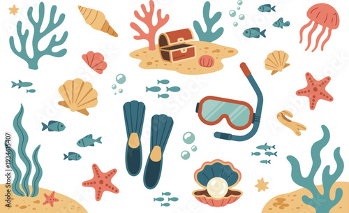Ocean Adventure Elements: Snorkel Gear, Treasure Chest, Marine Life, and Coral Reef