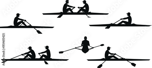 Silhouettes of rowers, in single and double scull boats, rowing in various positions, for rowing sport, water activity, and competition concepts